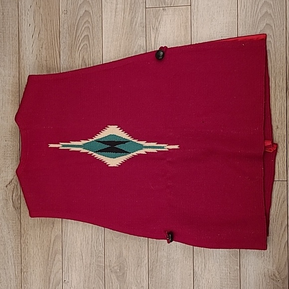 RARE Ortega's Chimayo Red‎ Hand Woven Southwestern Aztec Wool L Vest 50s 60s VTG - Picture 9 of 10